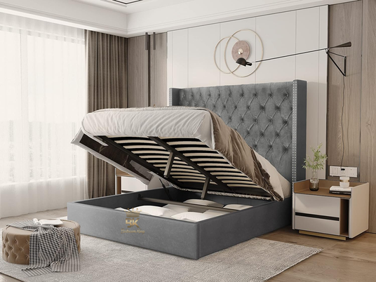 Wingback bed frame with metal gas lift storage - 70" Tall Headboard