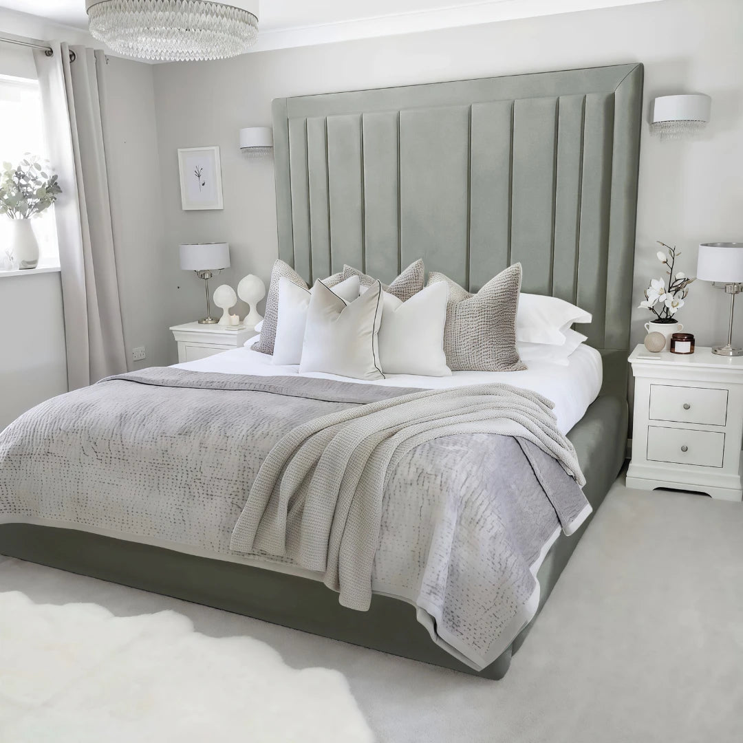 Isbah piped border storage bed frame in Silver plush velvet