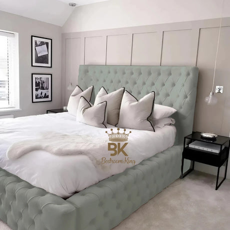 Super king silver Plush velvet upholstered bed with deep tufting