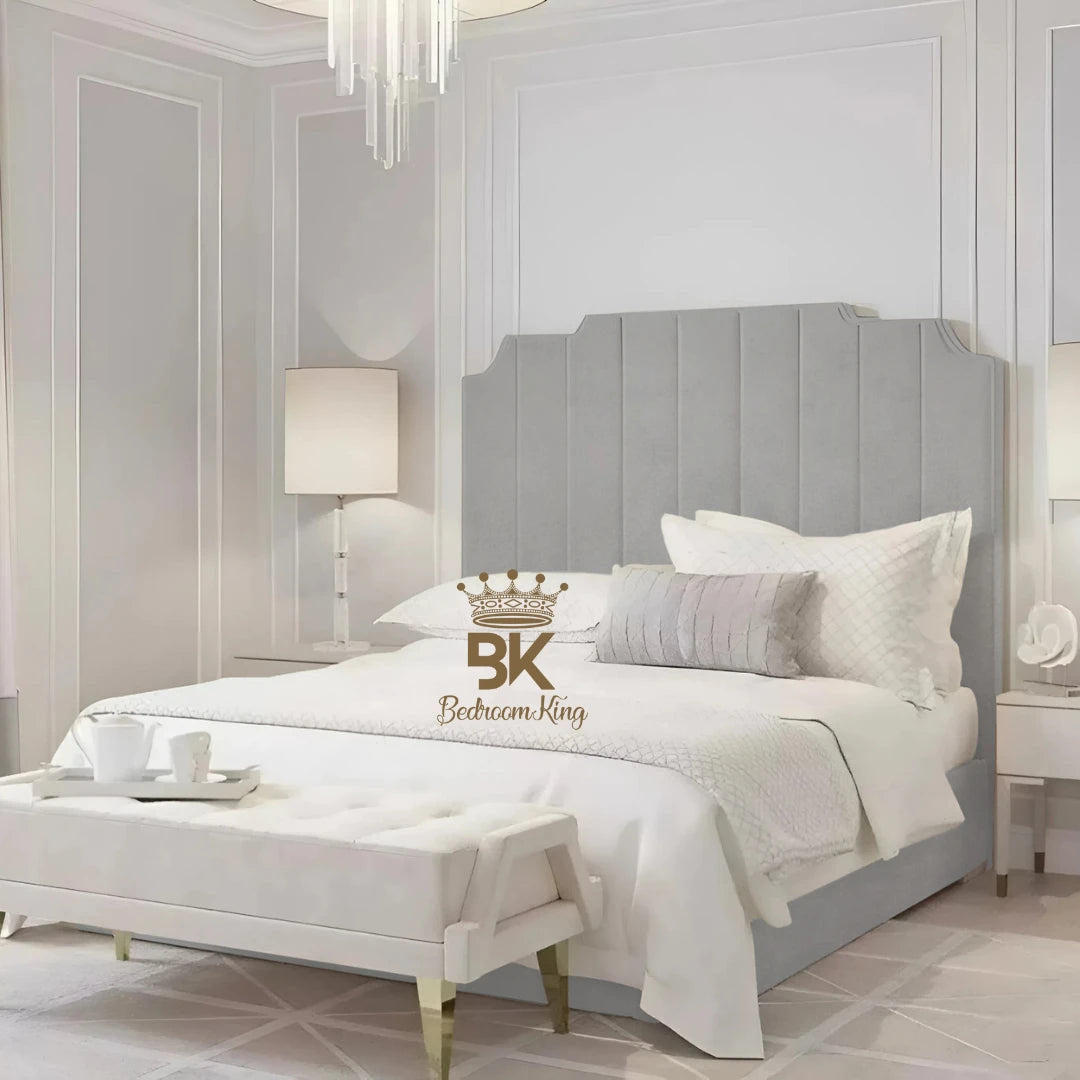 Bed Frame pictured with tall headboard in luxurious upholstered silver plush velvet finish