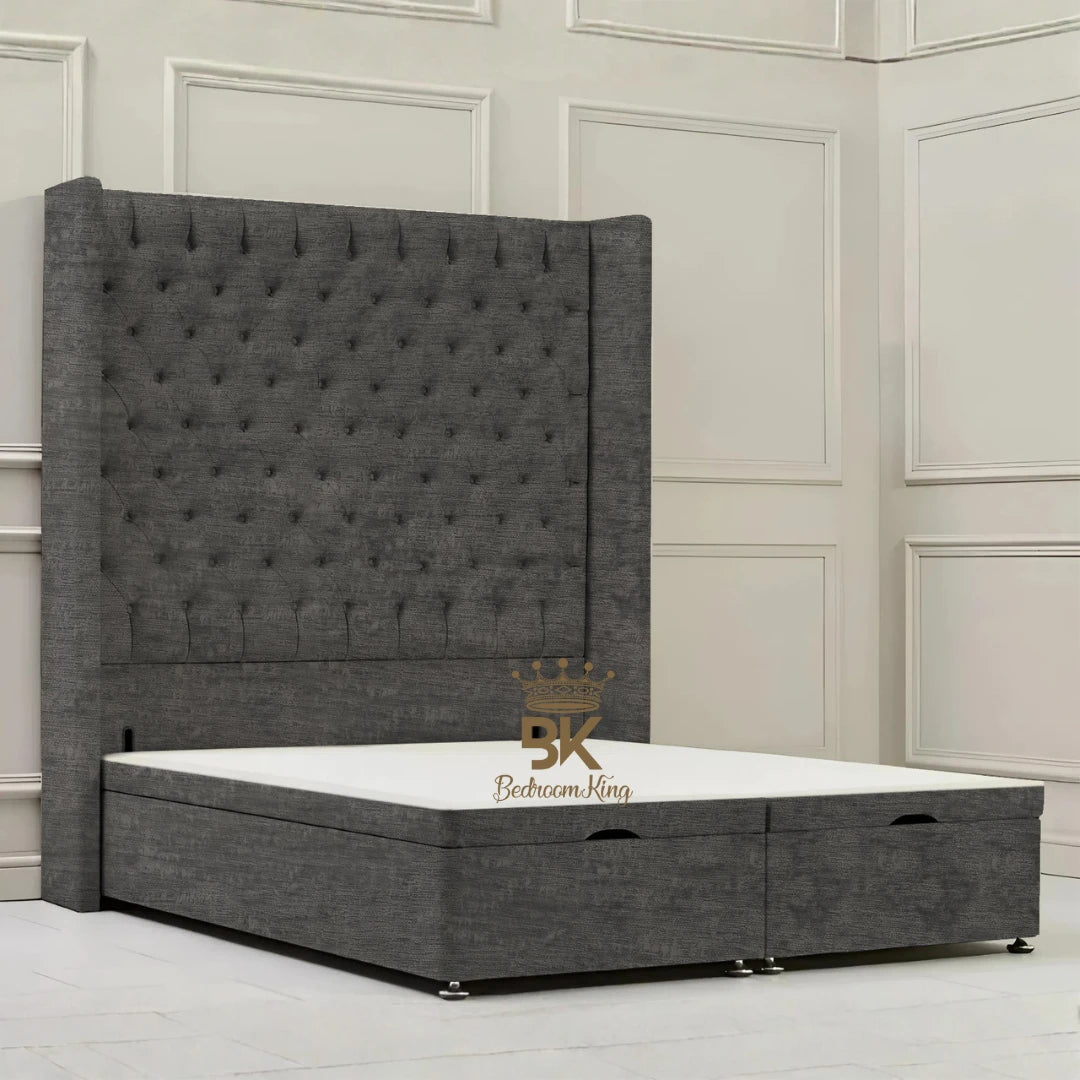 Canterbury Wingback Ottoman Divan Storage Bed - Mustard Plush Velvet