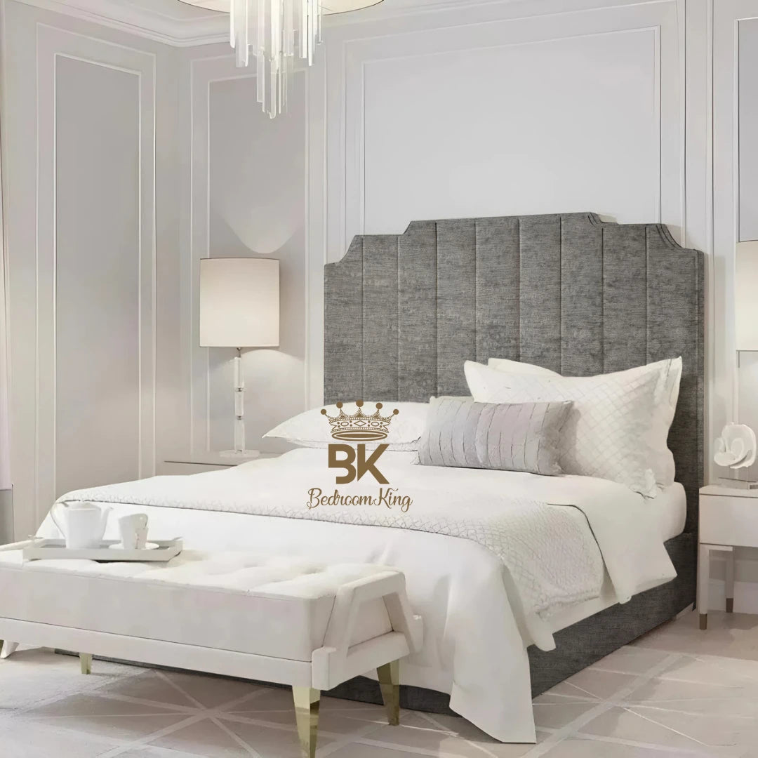 Bed Frame pictured with tall headboard in luxurious upholstered Steel Chenille finish