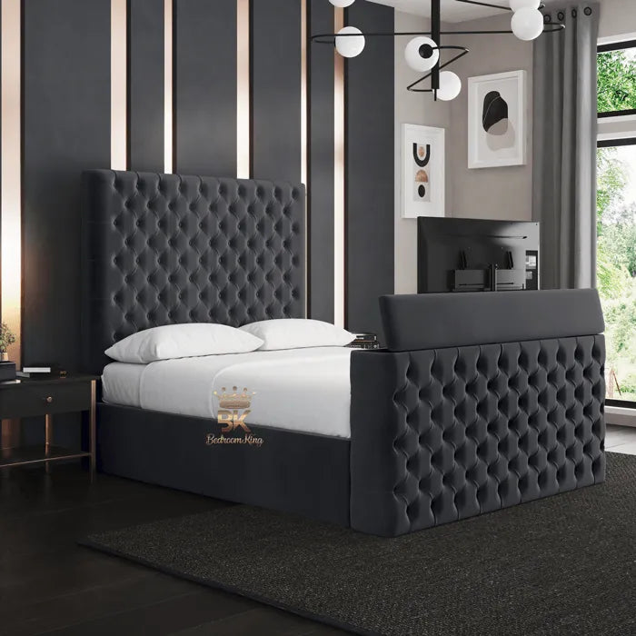 Cairo TV Bed in black plush velvet