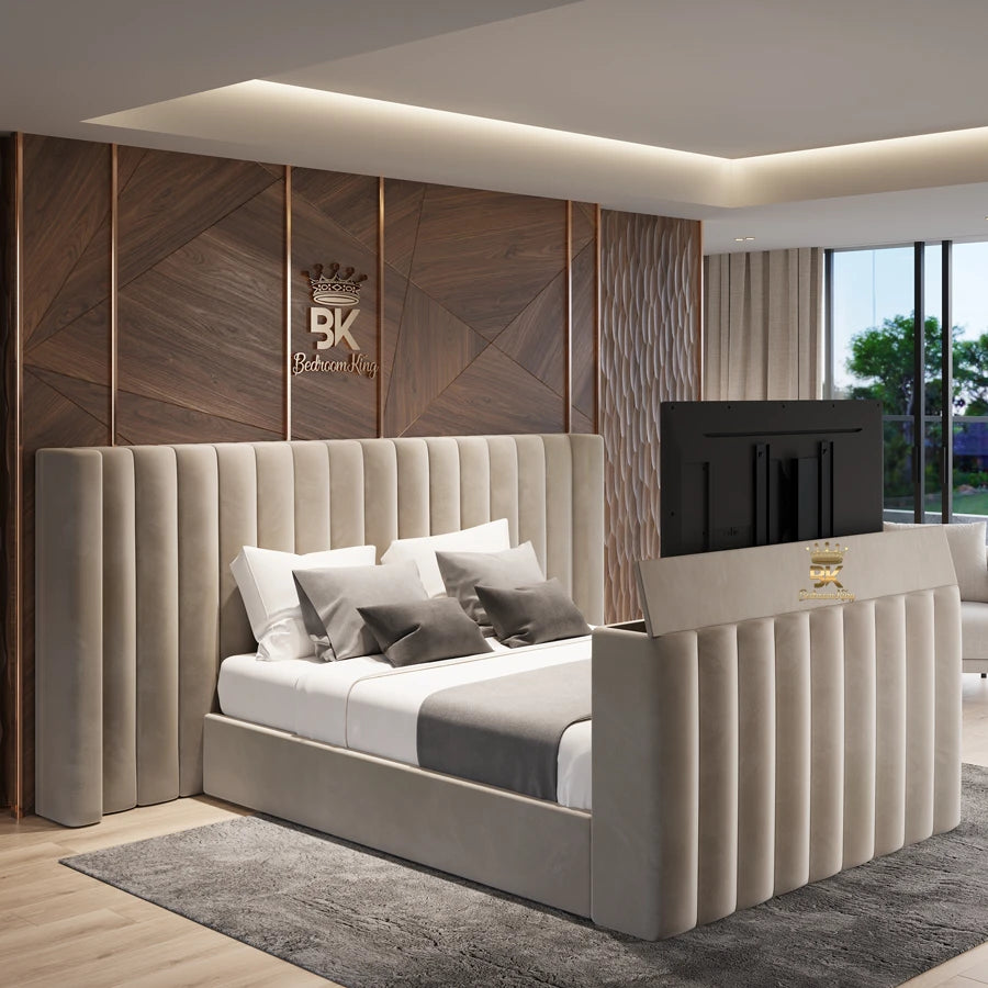 Upholstered TV Bed Frame With Oversize Headboard made by Bedroomking
