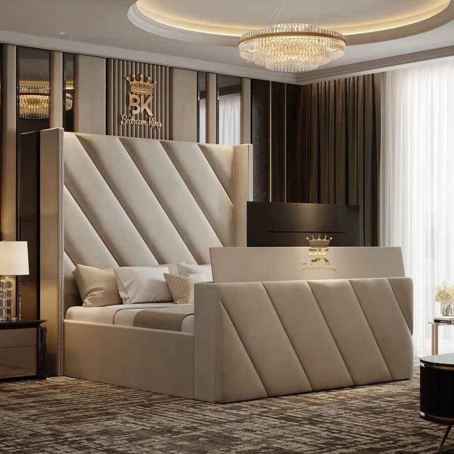 Wingback Tall Headboard Ottoman TV Bed - Bedroomking