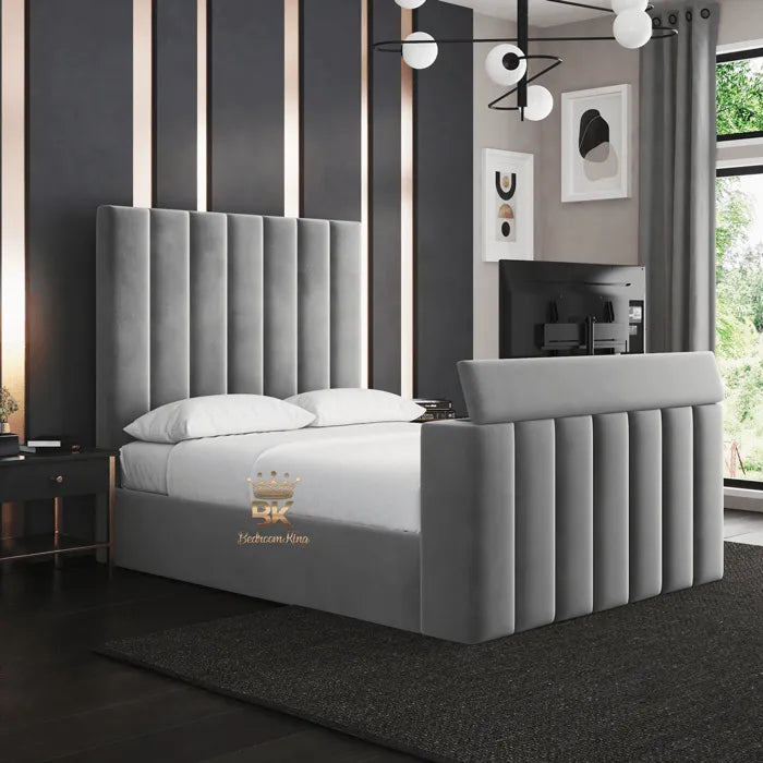 Panel TV Bed Frame in silver plush velvet