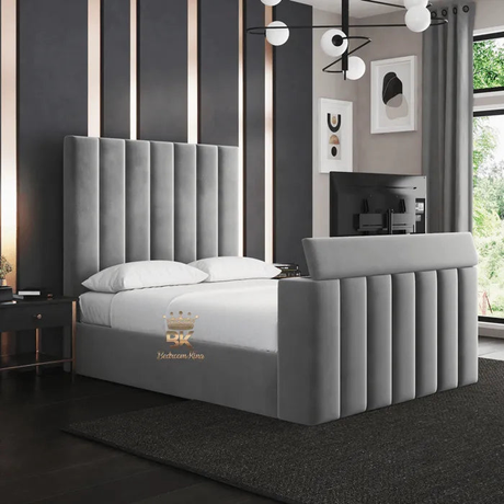 Panel TV Bed Frame in silver plush velvet