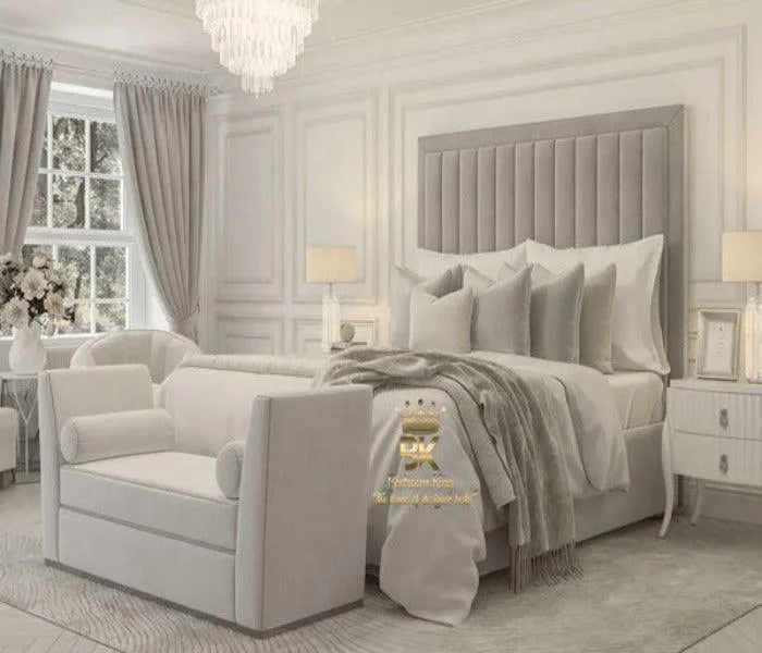 Luxury bed frame with tall headboard in silver plush velvet