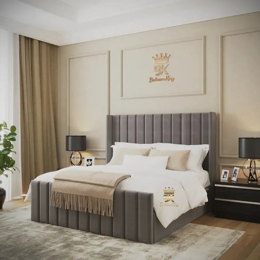 Upholstered King size Ottoman Wingback Bedframe made by Bedroomking