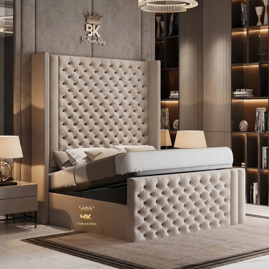 Wingback Upholstered Storage Bed Frame in kingsize made by Bedroomking