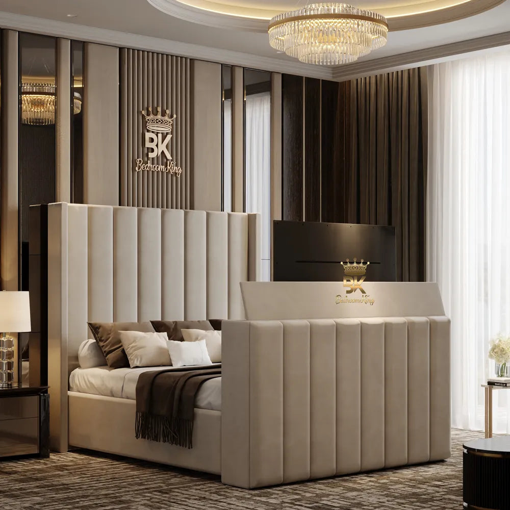 Ottoman Storage TV Bed Frame in cream plush velvet made by Bedroomking