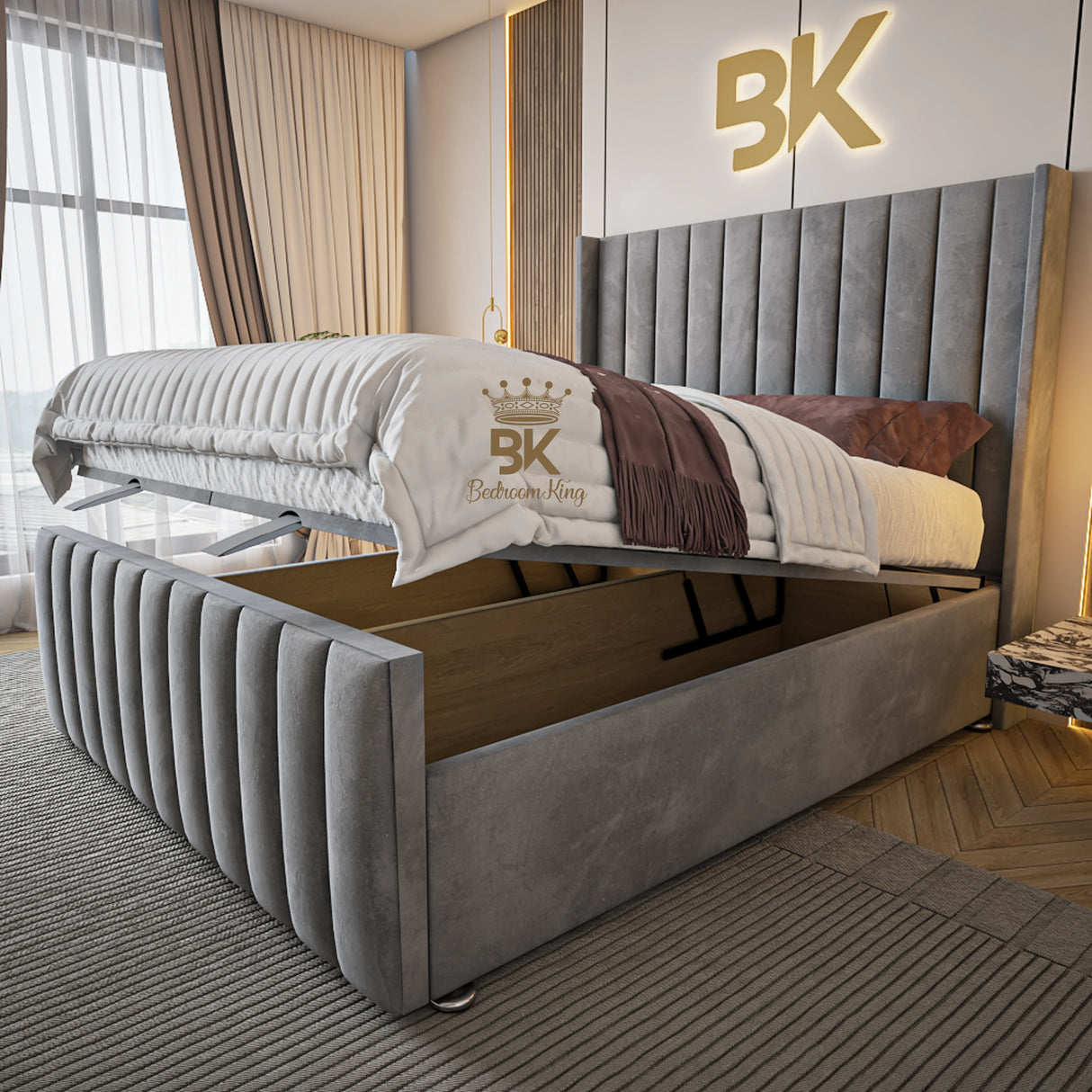 Grey plush upholstered bed with ottoman divan storage