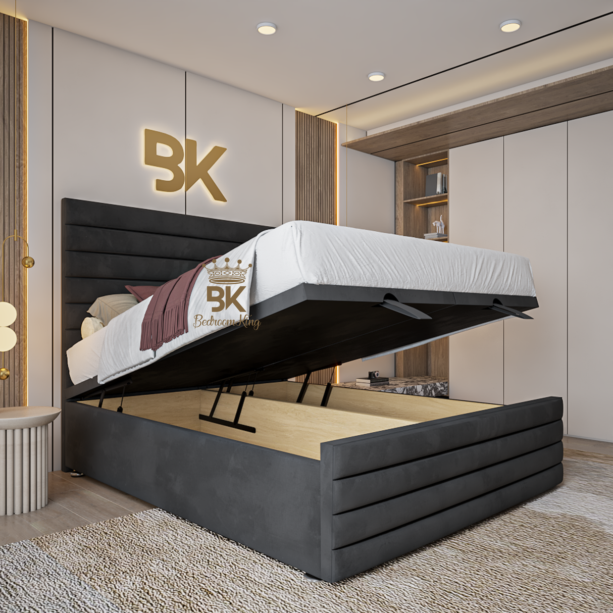 King size upholstered ottoman divan bed frame in black plush velvet