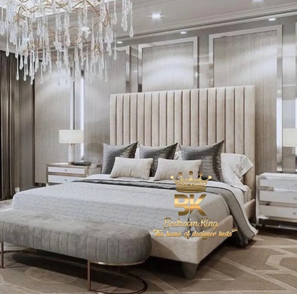 Luxury panel bed frame with tall headboard in cream naples