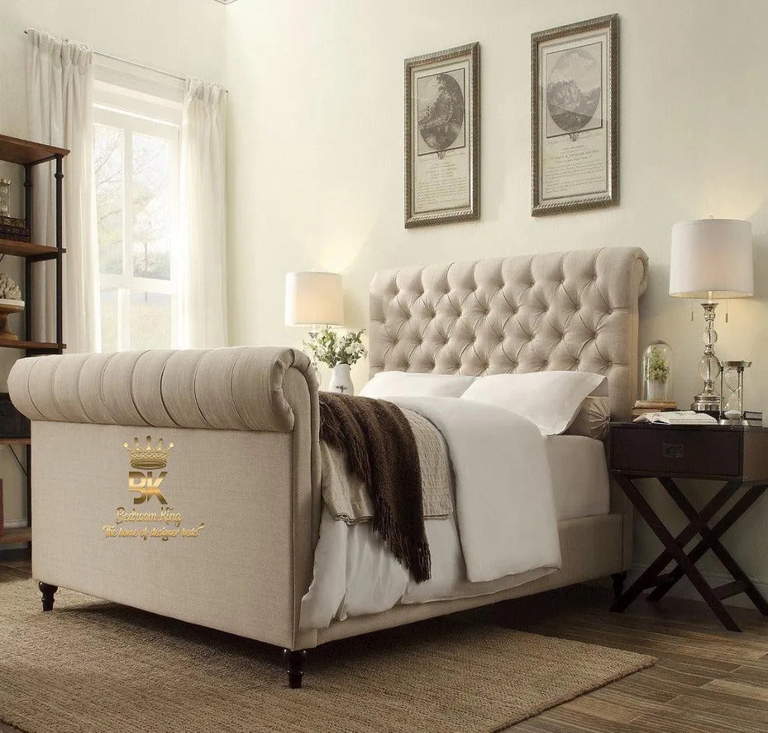 Maria Padded Scroll Sleigh Bed Frame - Bedroomking