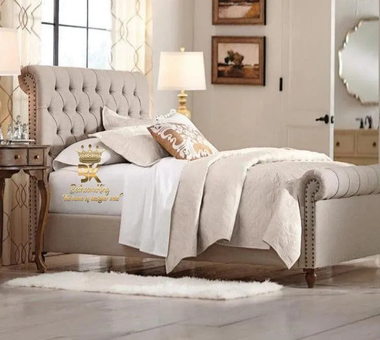 Cheshire Studded Scroll Sleigh Bed Frame - Bedroomking