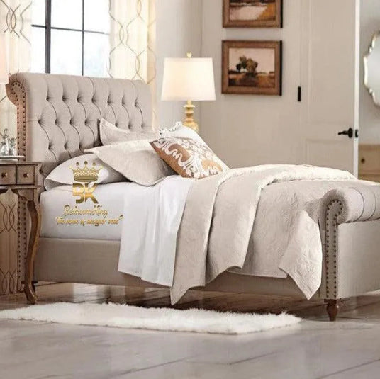 Cheshire Studded Scroll Sleigh Bed Frame - Bedroomking