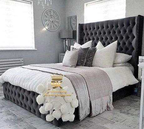 Hugo Nail Studded Wingback Bed Frame High Headboard - Bedroomking