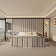 Wall panel bed with mirrors made by Bedroomking in grey plush velvet