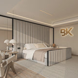 Mirror wall panel storage bed set in cream plush velvet made by Bedroomking