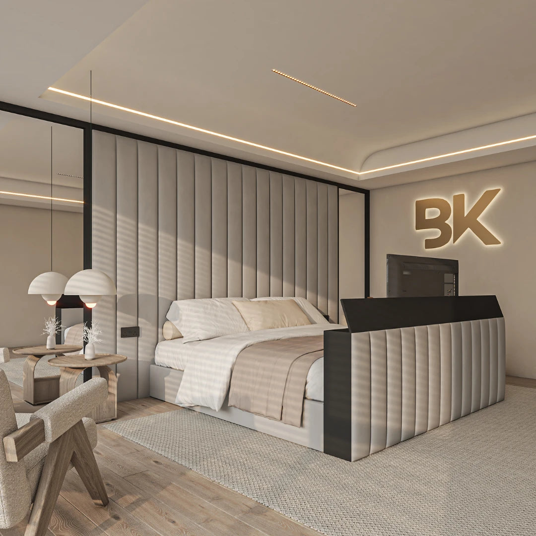 Storage TV bed set with mirrors in cream plush velvet made by Bedroomking