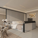 Storage TV bed set with mirrors in cream plush velvet made by Bedroomking