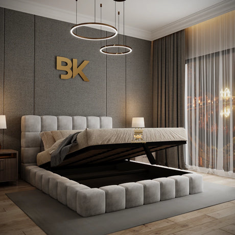 Silver plush velvet padded bed frame with tall headboard and lift-up ottoman storage.