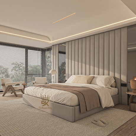 Luxury Ashford Wall Panel Storage Bed featuring mirrored panels and upholstered headboard made by Bedroomking