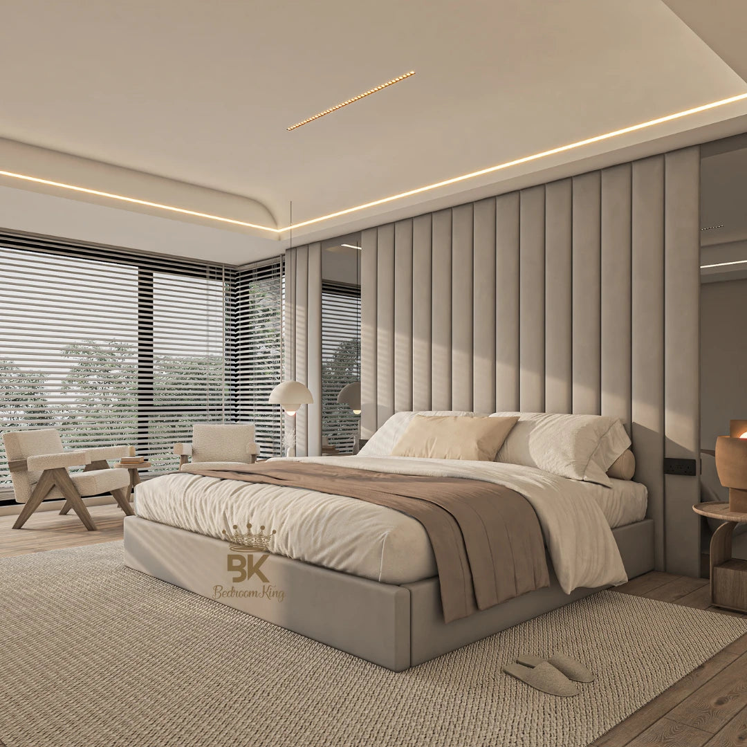 King size storage bed frame with high wall panel + mirror