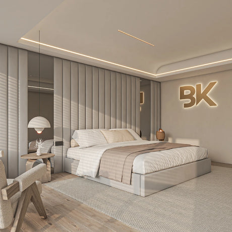 Luxury Ashford Wall Panel Storage Bed featuring mirrored panels and upholstered headboard made by Bedroomking