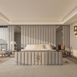 Luxury TV storage bed with built-in television lift, upholstered frame, wall panel with mirror made by Bedroomking