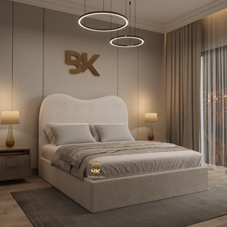 Upholstered bed in teddy boucle fabric with 54-inch high headboard