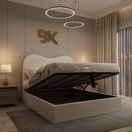Modern teddy boucle upholstered bed frame with 54-inch tall headboard and lift-up ottoman storage.