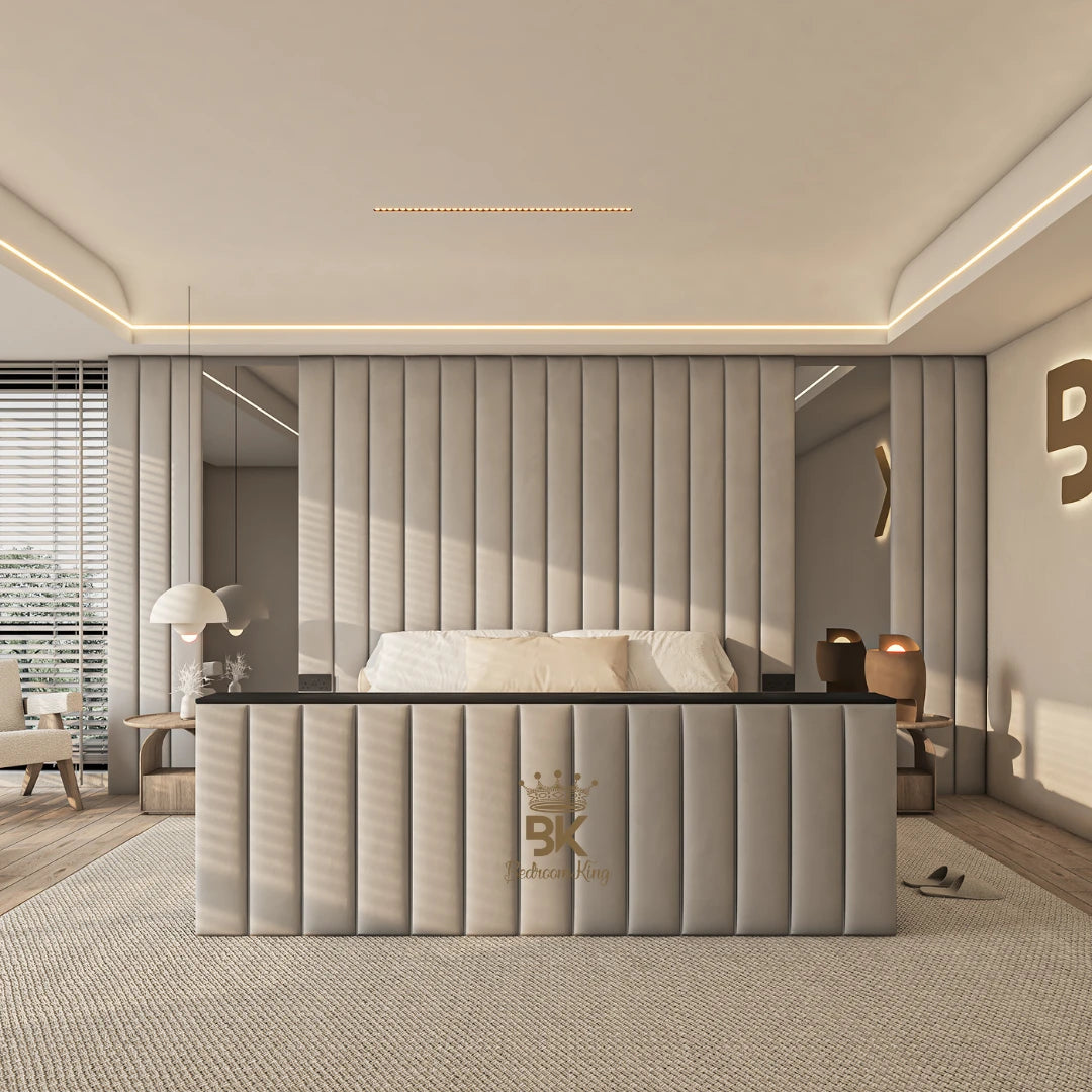 Wall panel with mirror and ottoman storage option made by Bedroomking