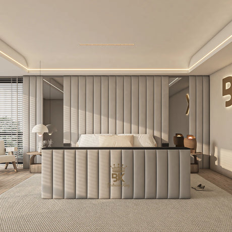 Wall panel with mirror and ottoman storage option made by Bedroomking