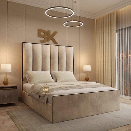 Black border panel bed in cream plush velvet with a 75-inch tall headboard