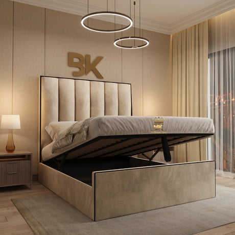 Cream plush velvet panel bed with black border detailing, 75-inch tall headboard, and optional ottoman storage base.