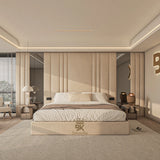 Cream wall panel bed + mirror + ottoman storage made by Bedroomking