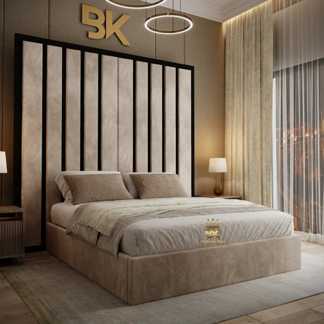 Black border bed in cream plush velvet with 90-inch oversized headboard