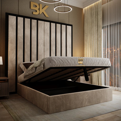 Cream plush velvet upholstered bed with black border and 90-inch oversized headboard with lift-up ottoman storage.