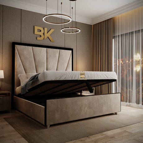 Super king cream velvet upholstered Kensington luxury bed with black trim, 70-inch high headboard, and hidden ottoman storage base.