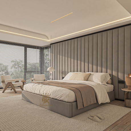Wall panel storage bed frame with black border made by Bedroomking