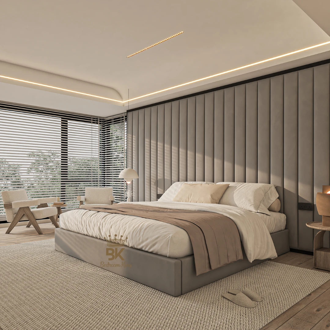 Oversize king size storage bed frame + Black border and ottoman storage made by Bedroomking