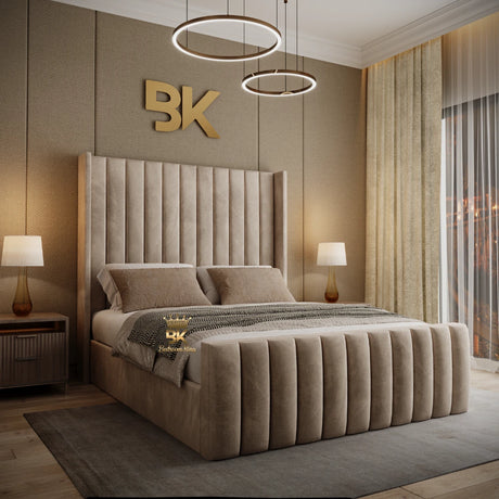 Upholstered Bed in cream plush velvet