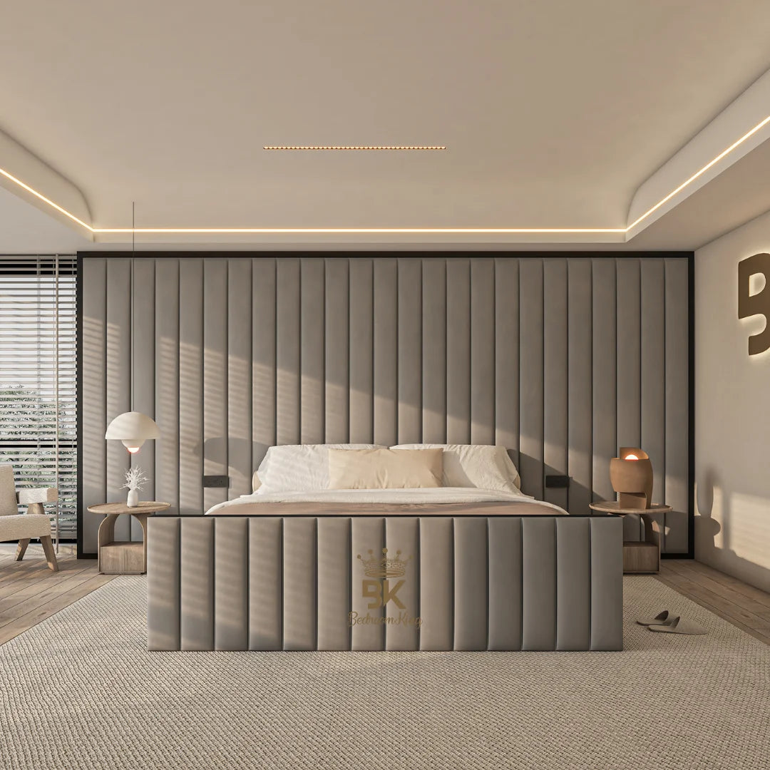 Luxury Byron storage bed featuring tall upholstered headboard and contrasting black border