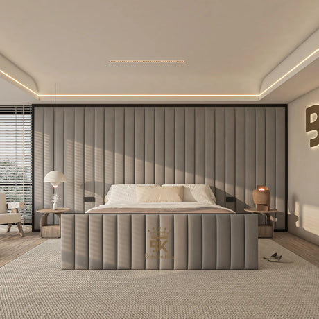 Luxury Byron storage bed featuring tall upholstered headboard and contrasting black border