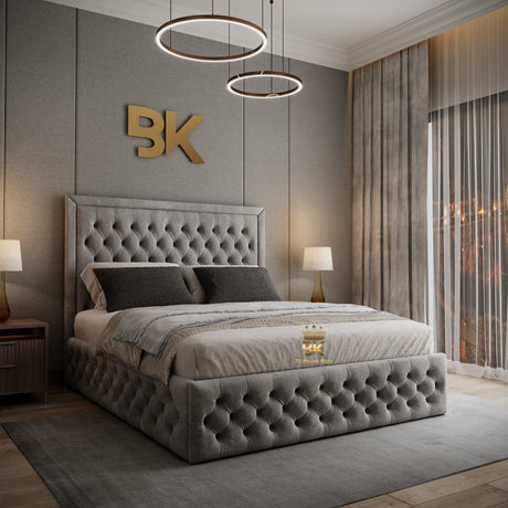 Silver velvet upholstered tufted button bed with cushioned 60-inch headboard and hidden ottoman storage compartment.