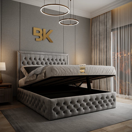 Silver plush velvet tufted button bed frame with padded 60-inch headboard and lift-up ottoman storage base.