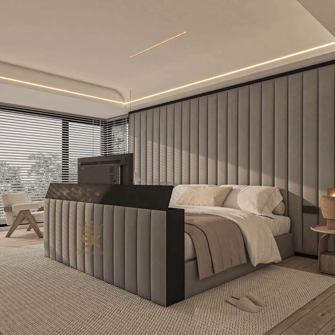 Islay bed featuring oversized headboard and black borders made by Bedroomking