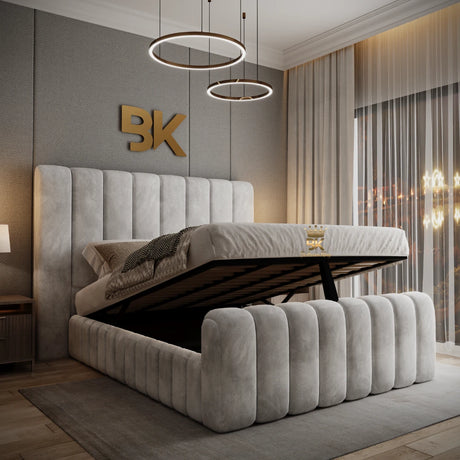 Oversize bed frame with metal gas lift storage base.